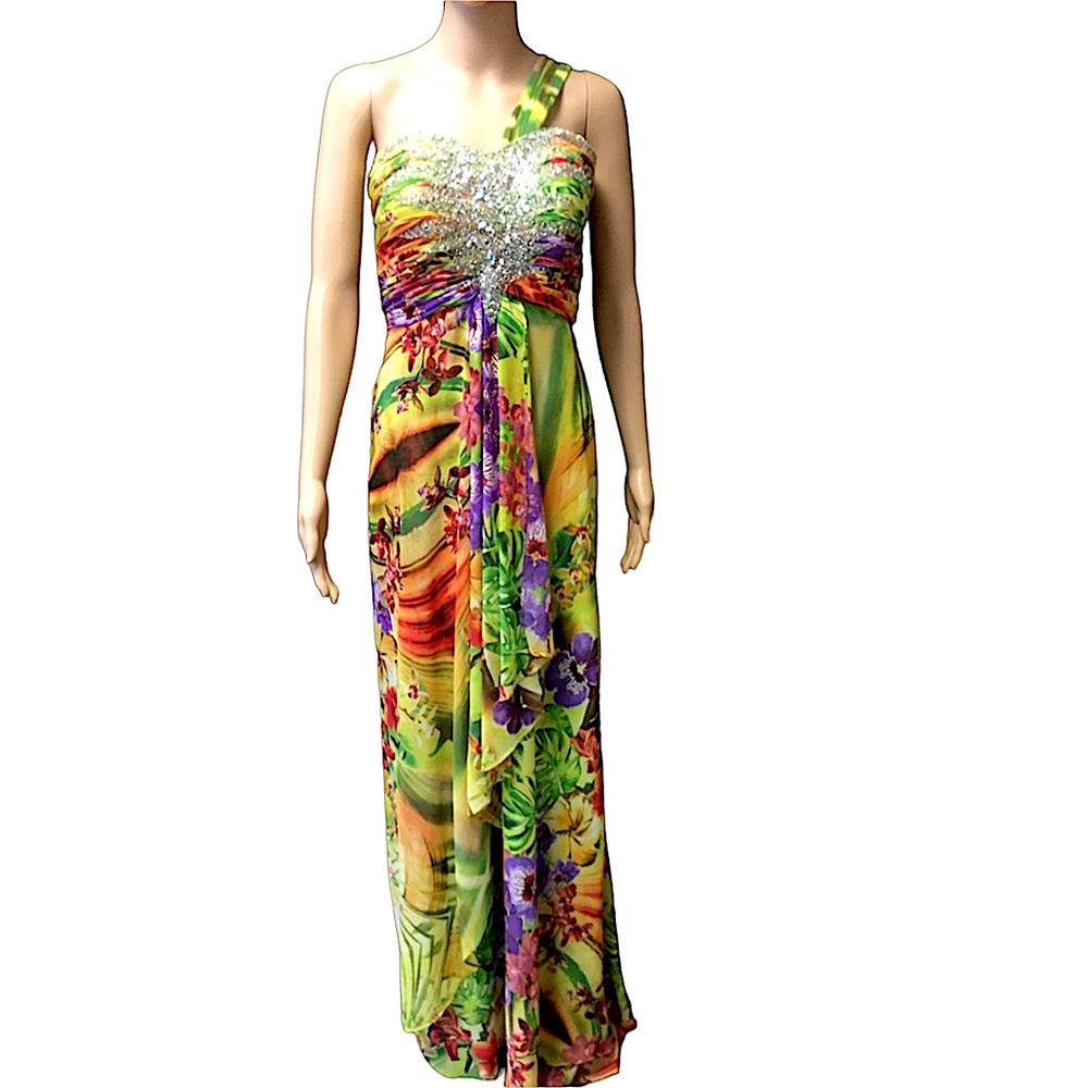 Cache Tropical Print One Shoulder Gown. B5